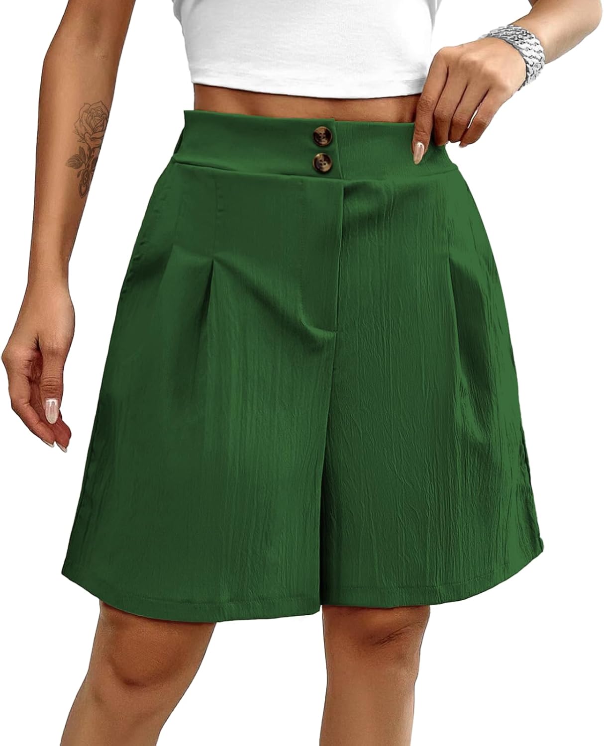 Womens Shorts Trendy Loose Casual Button Pleated Waist Wide Leg Soild Color Short Pants with Pockets