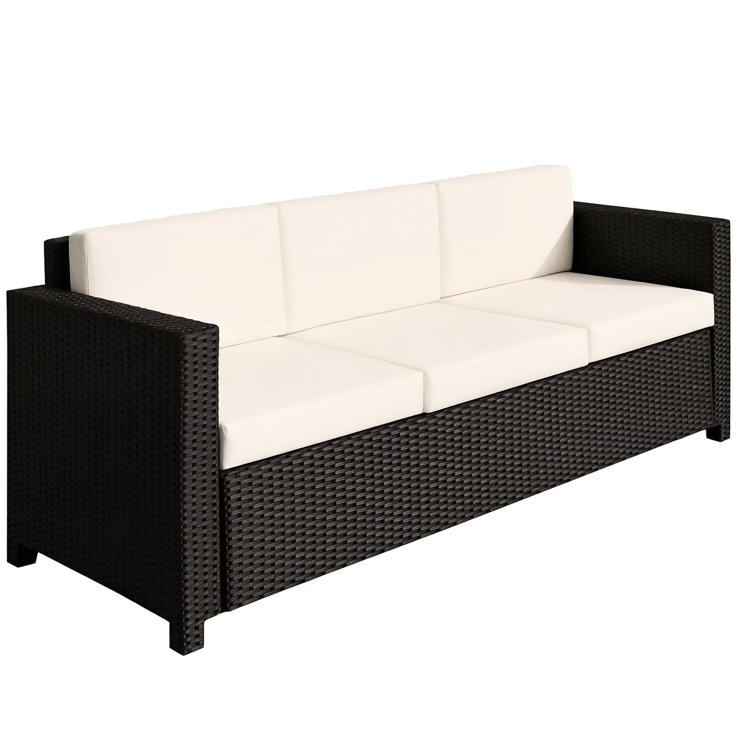 Outsunny 3 Seater Rattan Sofa with 10 cm Thick Padded Cushion, All-Weather PE Wicker Weave Garden Three-seater Bench with Armrests, Black