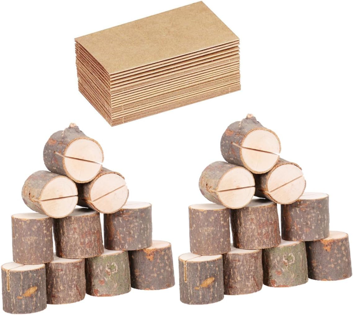 Luxshiny Wooden Stump Note Holder and Photo Clip, Rustic Wood Table Number Display Stand, 50 Pcs Set 20 Natural Wood Stumps and 30 Cards for Wedding Party Table Decorations
