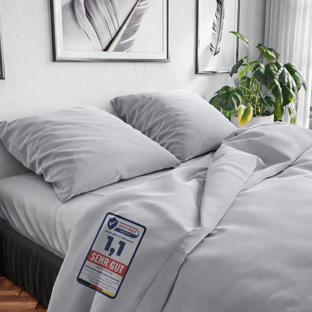Wolkenfeld Bed Linen 200 x 200 cm Cotton Light Grey – Breathable – 3-Piece – 1x Duvet Cover 200 x 200 cm + 2x Pillowcases 80 x 80 cm – Light Grey
