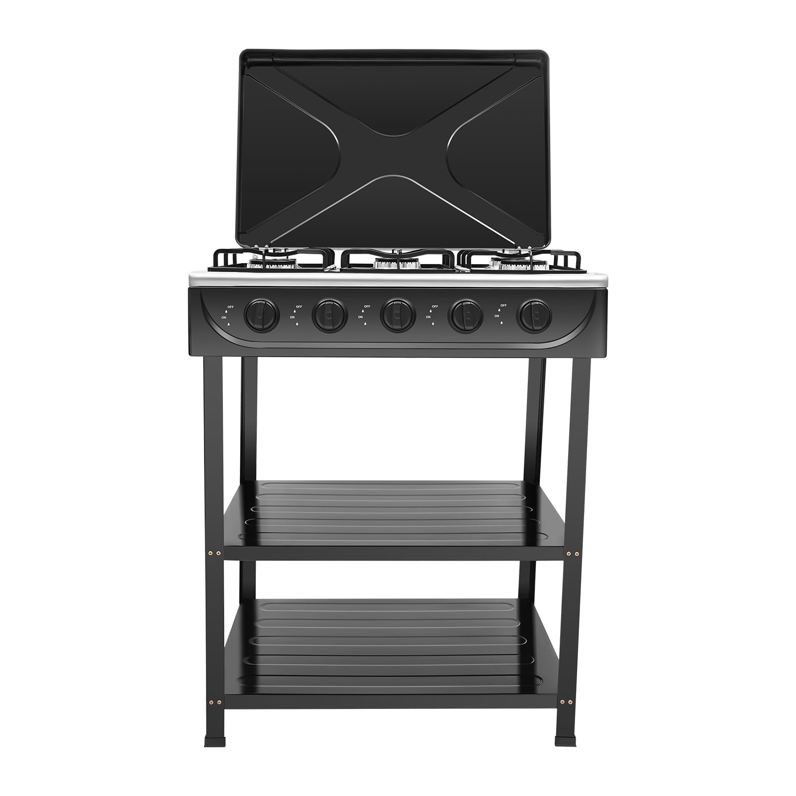 Cocina de gas con 5 quemadores, 2,5 kW de gas, horno de gas natural con 5 botones giratorios, protección contra el viento y doble estante, encendido manual, para revolver, cocinar pasta/sopa