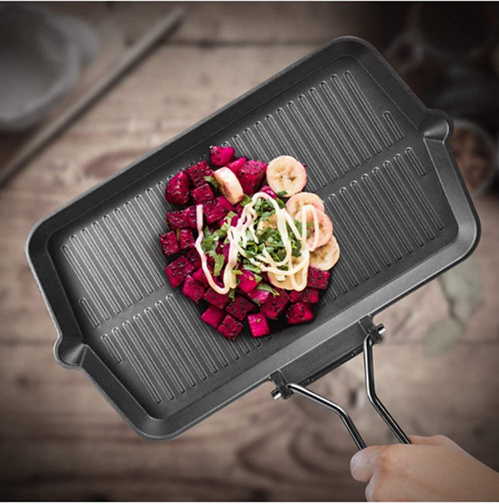Piastra in ghisa, Grill Bistecchiera Rettangolare con Manico Pieghevole per Piano Cottura Easy Grip | USO a Fuoco Aperto in Fornello a induzione, Nero