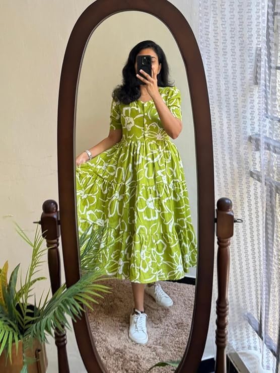 Image of Women's Rayon Printed Floral Gown Dress, Short Sleeve, Tiered Midi Dress