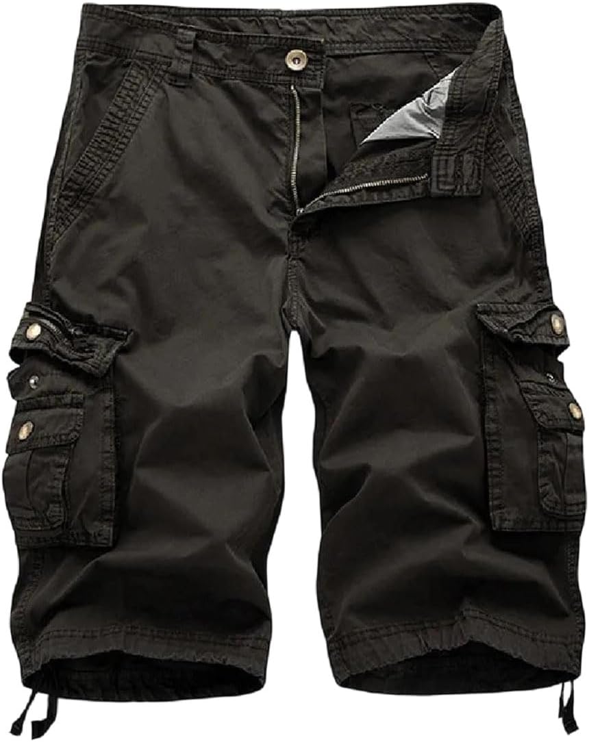 Men Summer Solid Color Cotton Straight Leg Knee Length Functional Cargo Shorts