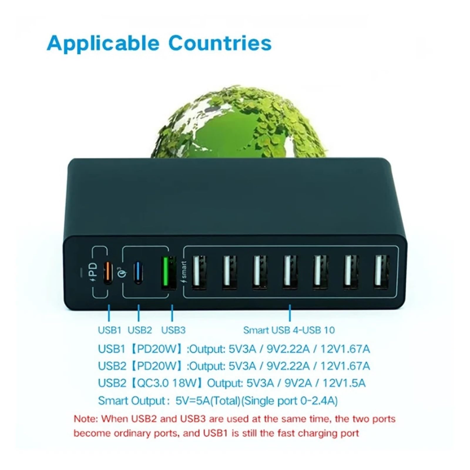 Estación De Carga USB Multipuerto 65W Concentrador De 10 Puertos Adaptador De Corriente De Pared De Carga Rápida Cargador Rápido(65W White)