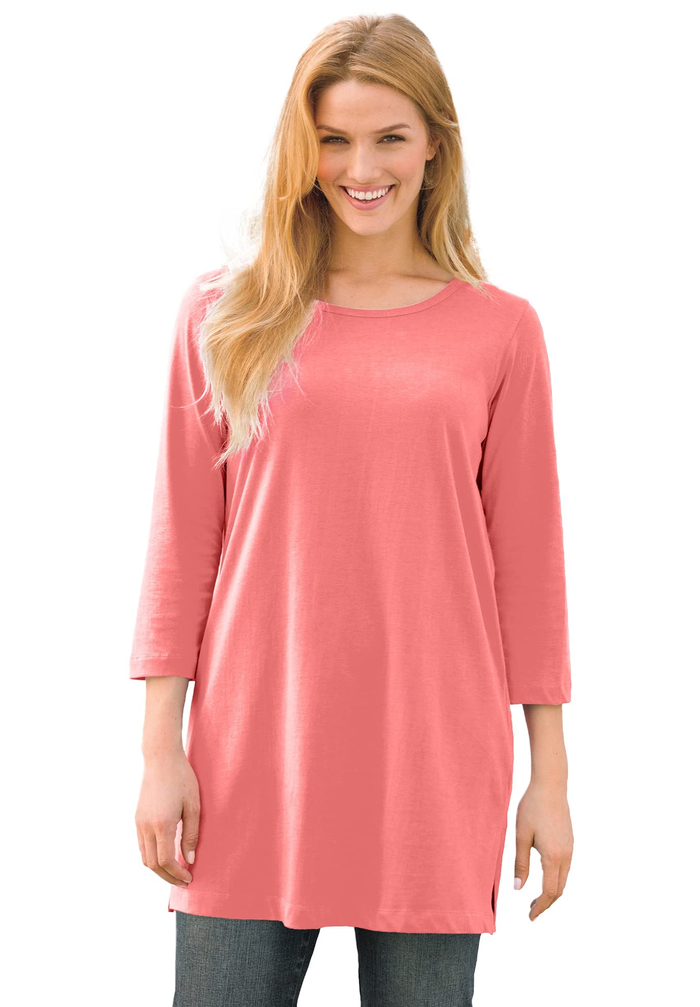 Woman Within Plus Size Perfect Three-Quarter-Sleeve Scoopneck Tunic