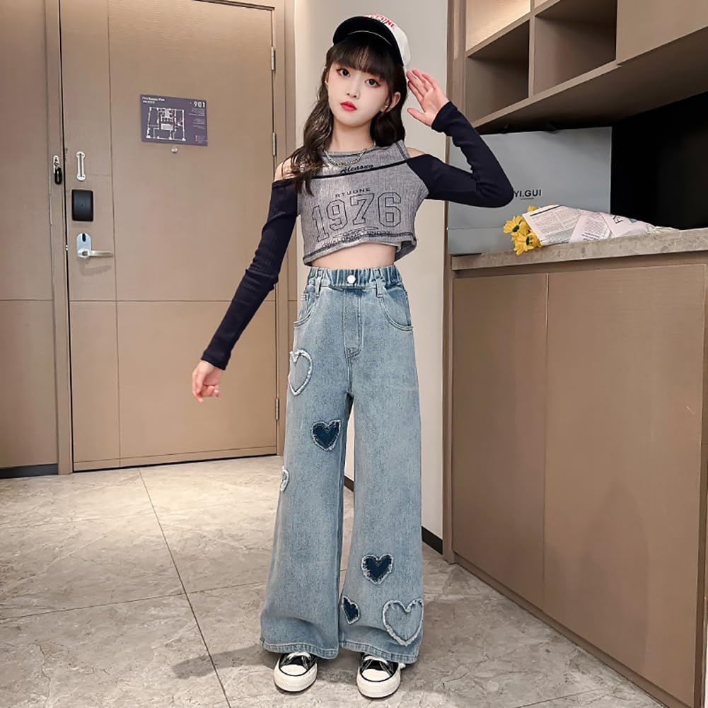 Big Girls Baggy Jeans Casual Patchwork Denim Jeans Elastic Wasit Wide Leg Ripped Pants Bell Bottoms for 4-14 Years
