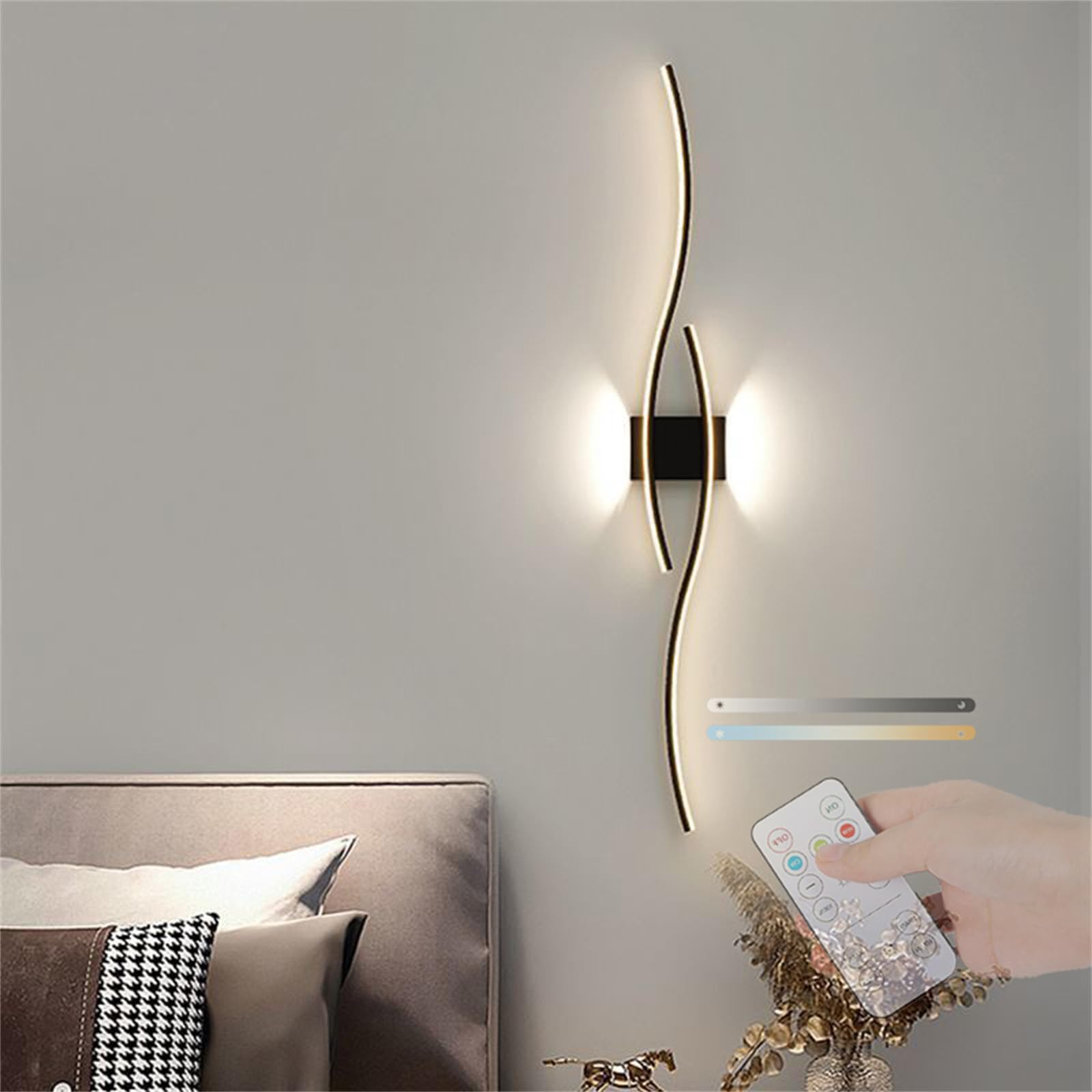 LED Wall Lamp Dimmable with Remote Control Wall Sconces Indoor 3 Colors 2700K-6500K Wall Lights Modern Curved Wave Brightness 10%-100% Wall Lighting Acrylic Design for Bedroom Hallway (Black,120cm)