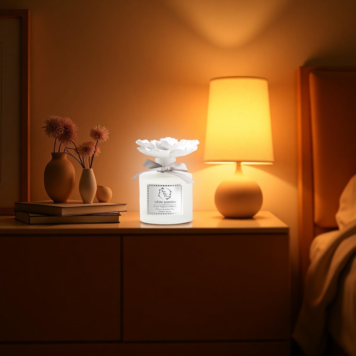 Reed Diffuser Sets, 6.76 Fl. Oz / 200ML Ceramic Diffuser Flower Gift Box, Home Reed Diffuser for Bathroom Office Bathroom Living Room Decor (White Jasmine White)