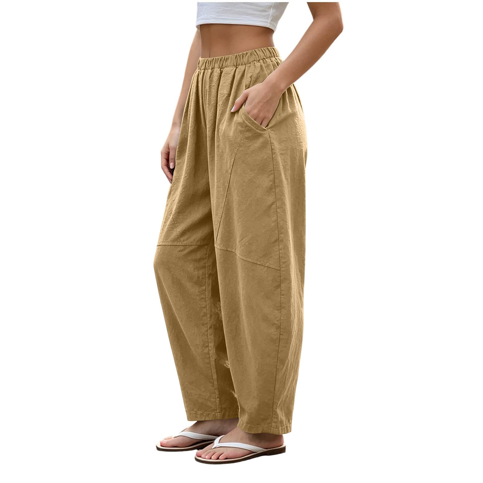 Générique Pantalon Bouffant en Style Lin pour Femme avec Taille Haute Et Poches - Pantalons Large À Plis, Unicolore, Idéal comme Pantalon Décontracté pour Le Quotidien Et L'Été.
