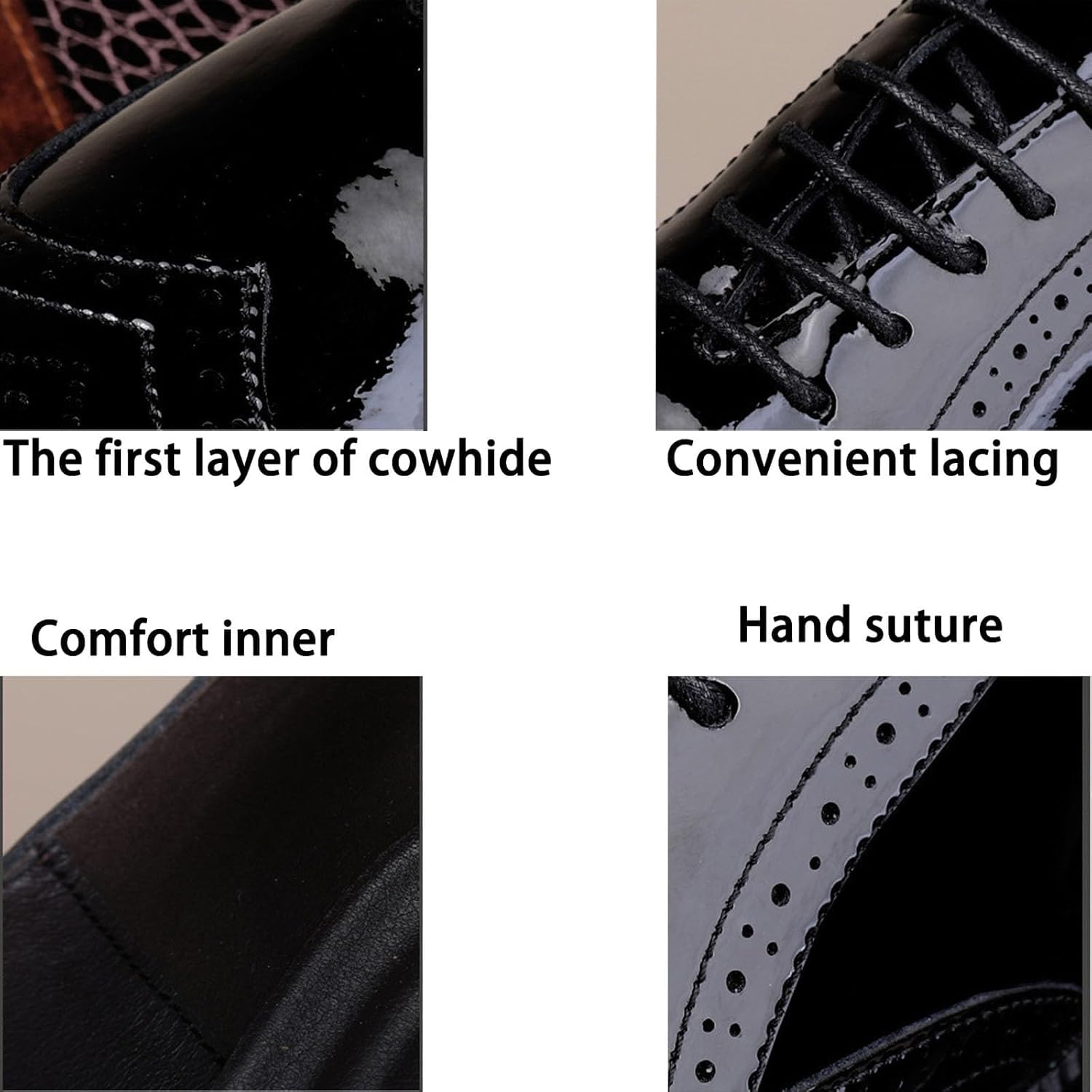 Męskie Lakierowane Skórzane Buty Typu Brogue Z Rzeźbionymi Brogsami, Grube Skórzane Sznurowane Buty Typu Oksford, Codzienne, Komfortowe Buty Do Pracy I Biura, Black, 7.5 UK