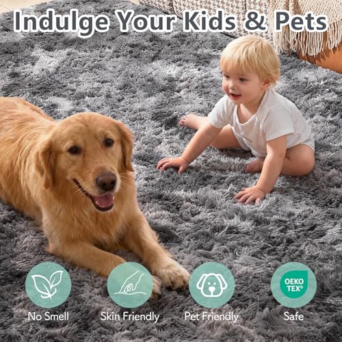 CHOSHOME Teppich Wohnzimmer Shaggy Hochflor Schwarz Langflor Kinderzimmer Modern Batik Jugendzimmer Flauschig Teppich Groß, Dunkelgrau/Schwarz 90x150CM - 6