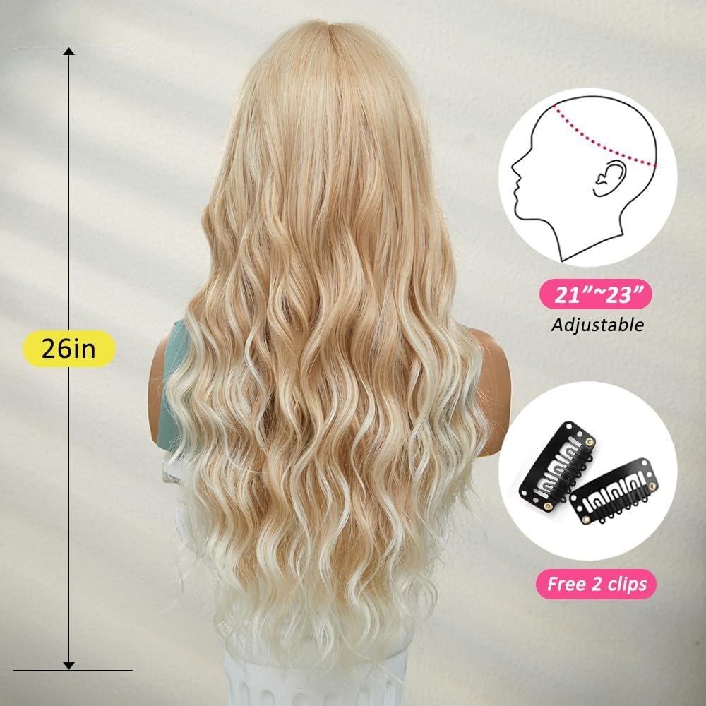 OUFEI Long Blonde Wig With Bangs Natural Wavy Wigs for Women Natural Synthetic Hair Heat Resistant Wigs for Daily Party Cosplay Wear - Image 4