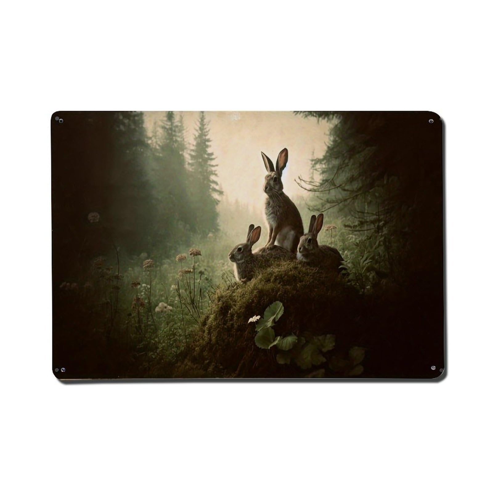 Jdfenggu Vintage Three Rabbits In Forest Scene Retro Metal Tin Sign, Metal Poster For Bar, Home, Man Cave, Kitchen, Laundry Room Art Decor 8X12 Inch
