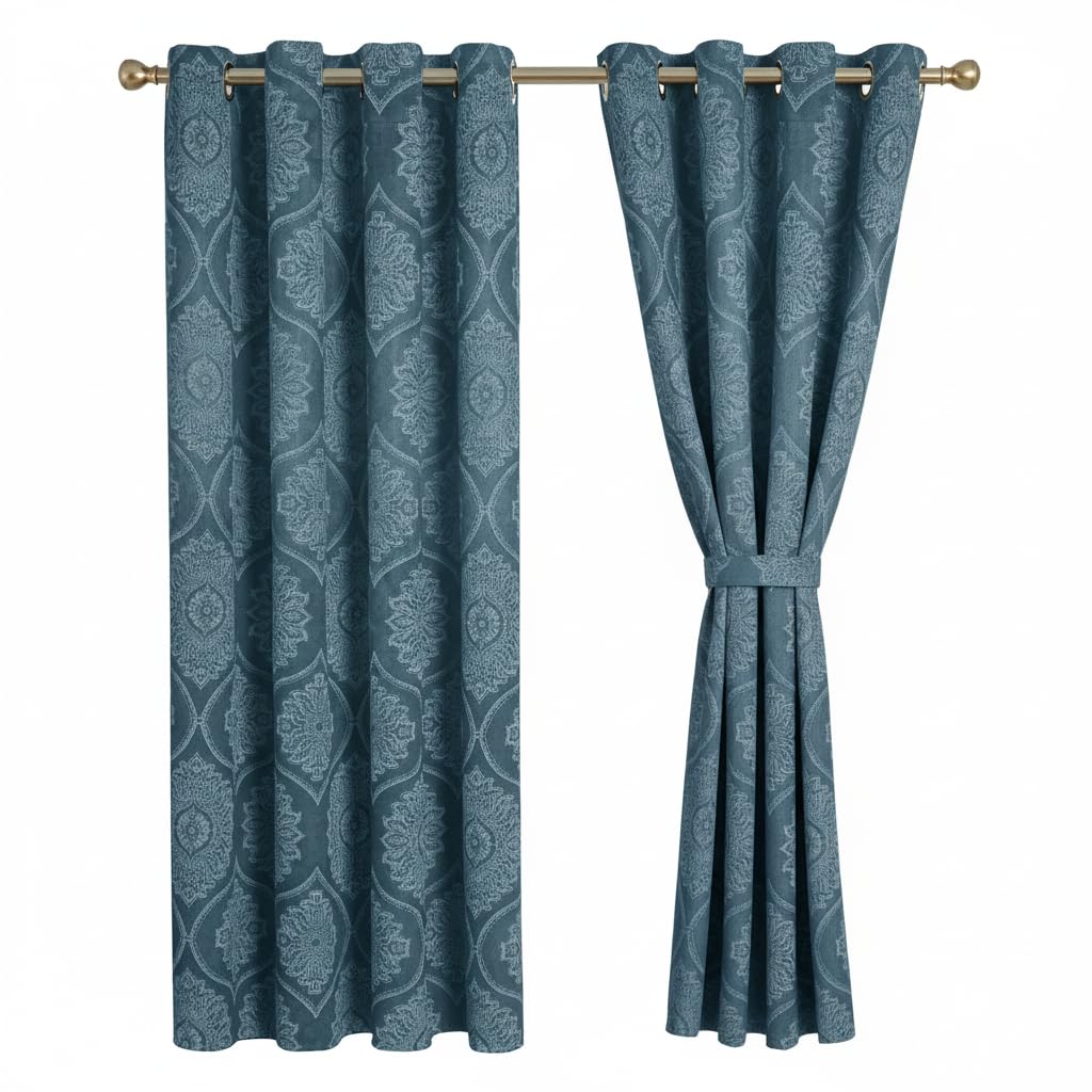 Opulent Dreams Damask Print Room Darkening Curtains - Thermal Insulated Eyelet Top with Tiebacks - Energy Saving Bedroom Drapes, Set of 2 Panels (Teal, 66" x 72" (168 x 183 cm))
