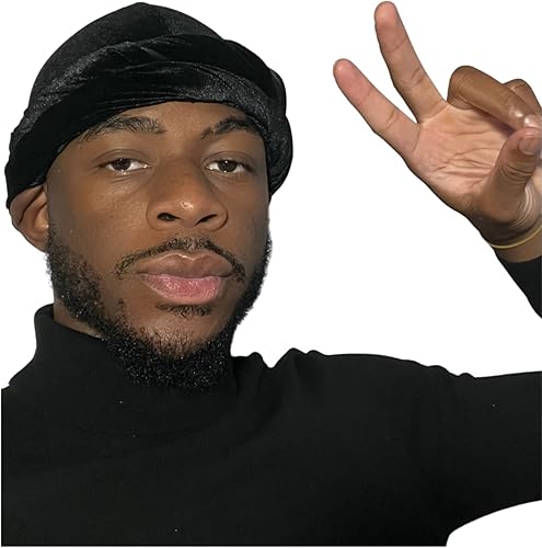 Miniatura 5 de Turbante de terciopelo para hombre Halo Turbante de una pieza con forro sedoso Durag para ondas y rastas de terciopelo Negro -