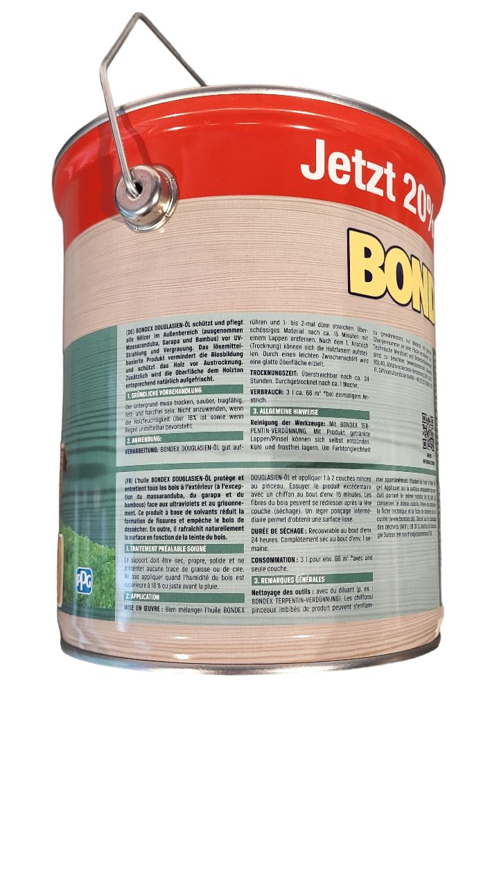 zbs24 Bondex Douglasien Öl 3 Liter, für Terrassendielen und Möbel, exellenter Wetter-und UV-Schutz, Schützt und Pflegt Hölzer im Aussenbereich inkl. 3 teiligem Pinselset