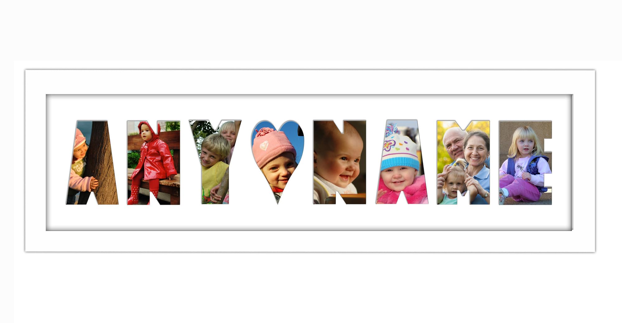 Personalised Photo Frame any Name Word 3 to 9 letters Single Mounted Unique Birthday Picture Gift Present (White Finish White Mount, 8 Letter)