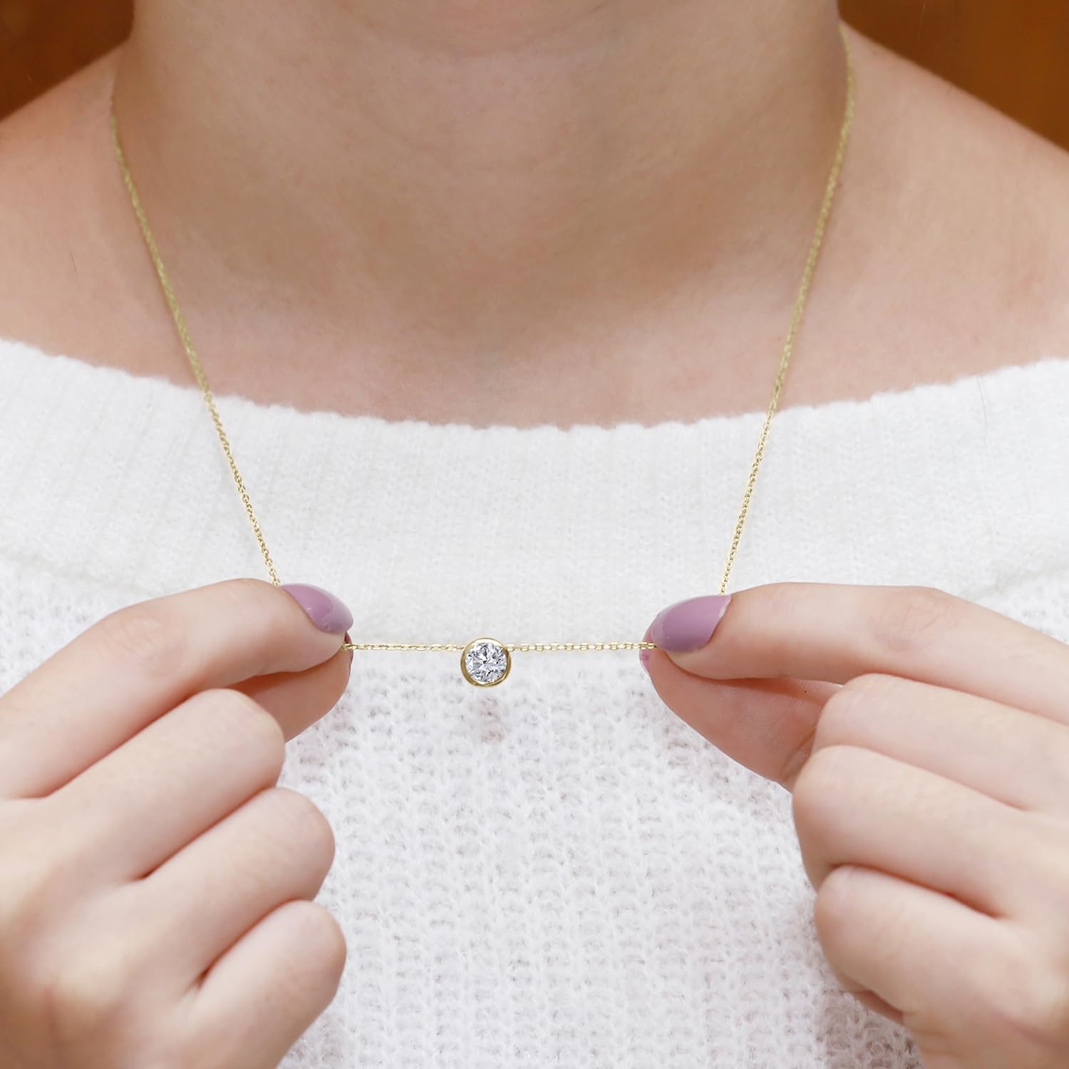 SAVEARTH DIAMONDS Solitaire Pendant Necklace for Women 6.5MM Round Lab Created Moissanite & Lab Grown Diamond Bezel Set Pendant in 14k Gold Over Sterling Silver jewelry Gift For Her - Image 4