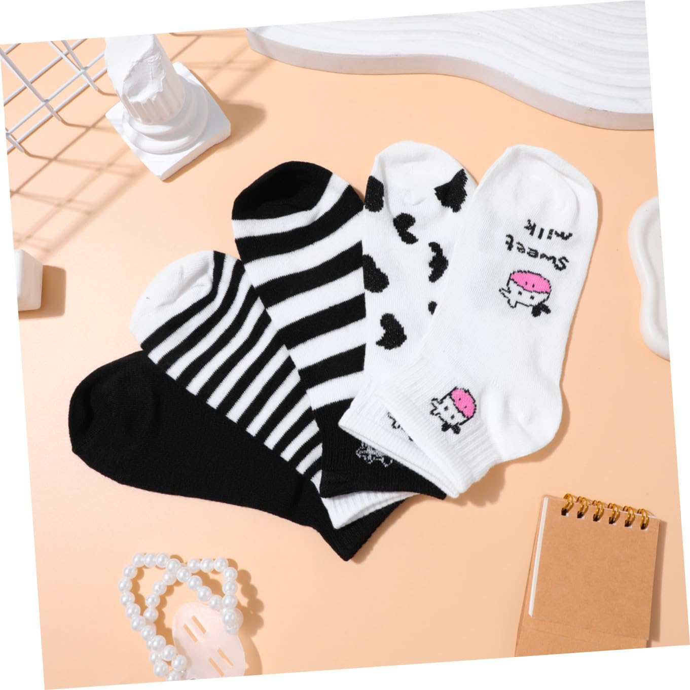 Calcetines de Vaca de Dibujos Animados 5 Pares, Algodón, Tobilleros | Negro y Blanco, para Adolescentes y Niños, Transpirables y Cómodos, Decoracion Verano