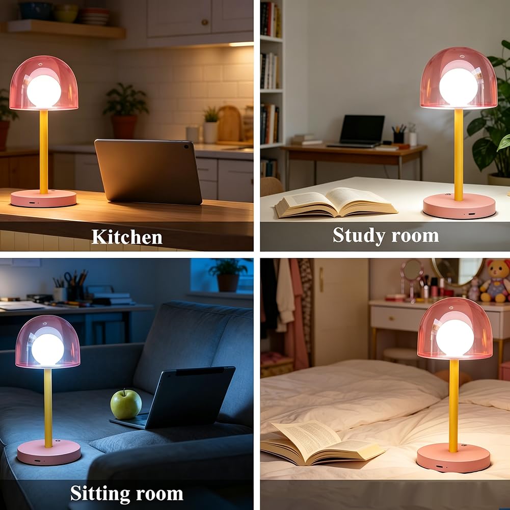 Lampada da Tavolo LED a Forma di Fungo Senza Fili Ricaricabile tramite USB Luce da Tavolo Rosa Batteria Ricaricabile Regolabile Lampada a Fungo a Batteria 3000K-6000K Metallo + Acrilico