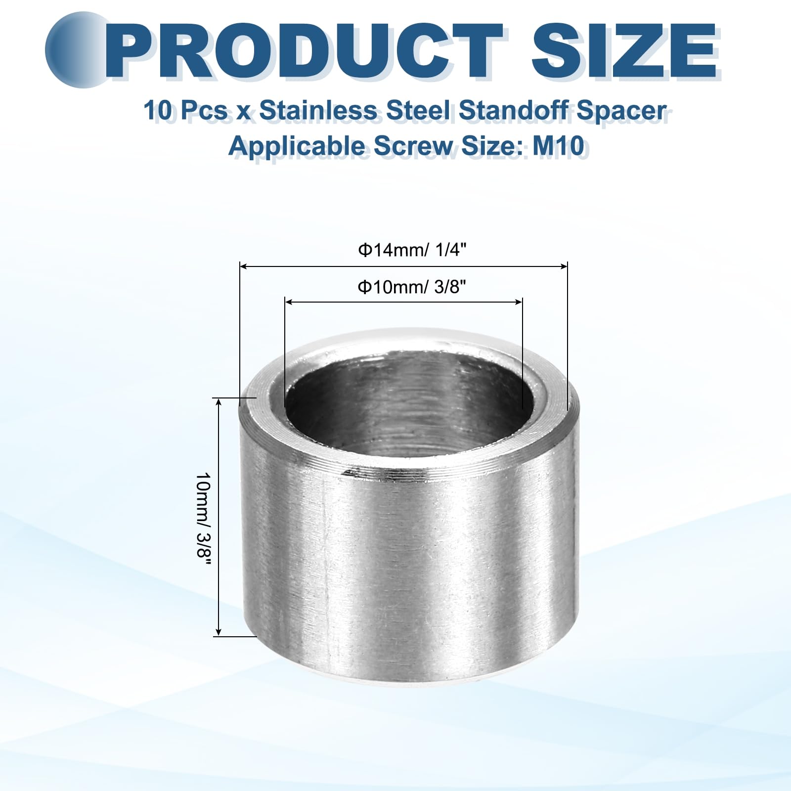 MECCANIXITY 10-Pack M10 Stainless Steel Spacers – 10mm ID X 14mm OD X 10mm Length, Unthreaded Round Standoff Bushing, Plain Finish, For Screws And Bolts (Silver)