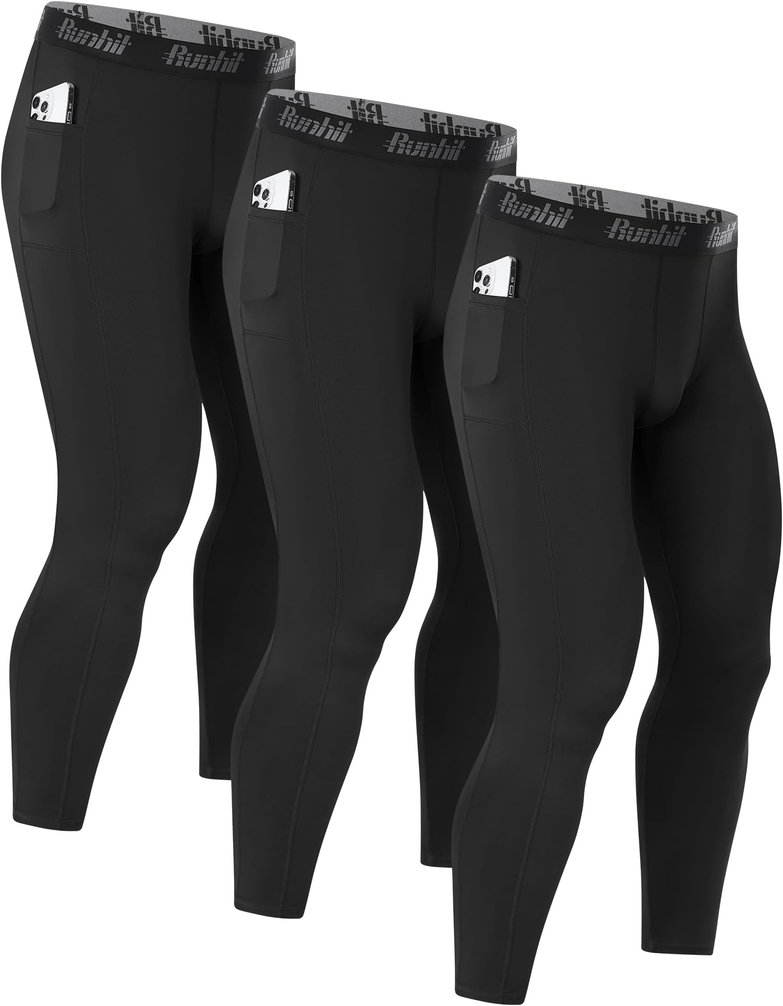 Men’s Running Leggings with Pockets, 1/3 Pack Compression Pants Sports Tights, Thermal Base Layer Trousers for Gym Football Cycling Jogging