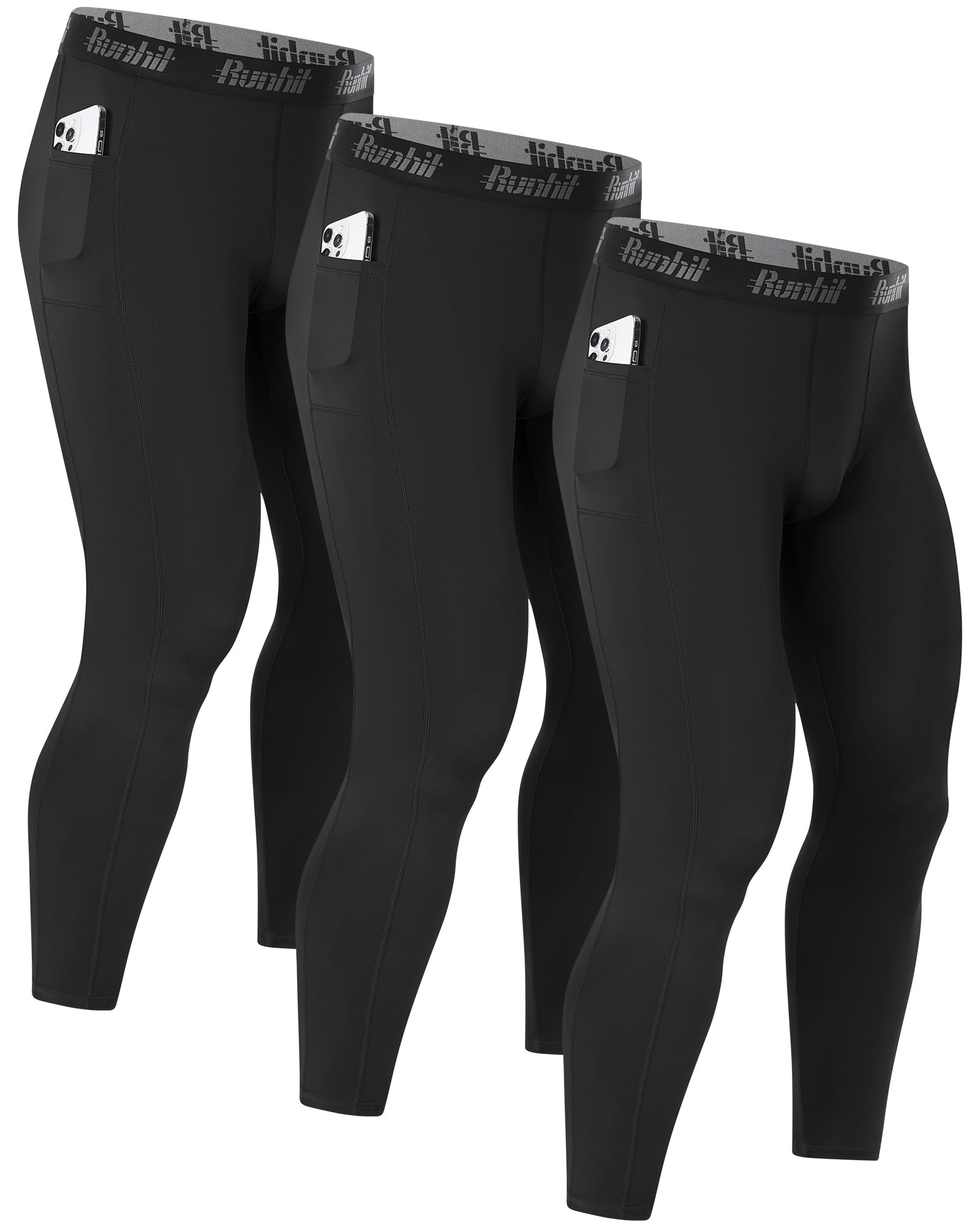 Runhit 1/3er Pack Kompressionshose Herren Lange mit Taschen, Tights Sport Leggings Schnelltrocknende Trainingshose Sporthose Laufhose Atmungsaktiv Funktionsunterhose für Fitness Joggen Training Gym