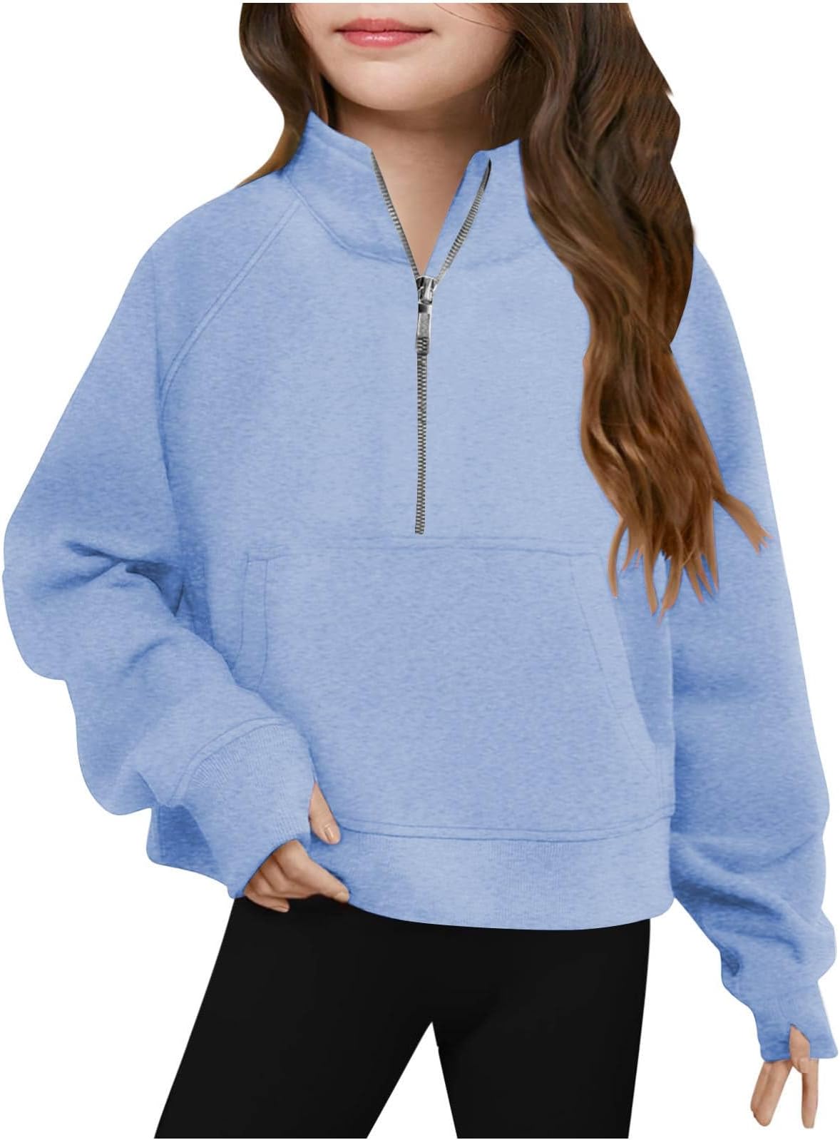 Girls Sweatshirts Half Zip up Sweatshirt Casual Pullover Long Sleeve Tunic Tops Warm Fleece Thumb Hole Sweat Tops with Pockets Comfy Winter Clothes Fall Outfits 5-14 Years