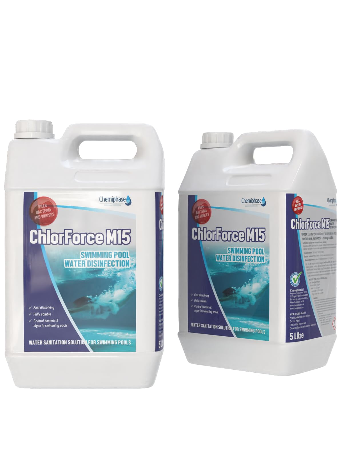 ChlorForce M15 Liquid Swimming Pool Chlorine – Sodium Hypochlorite – Effective Water Sanitiser & Algae Control – Pool Shock Treatment – 2 x 5 Litres