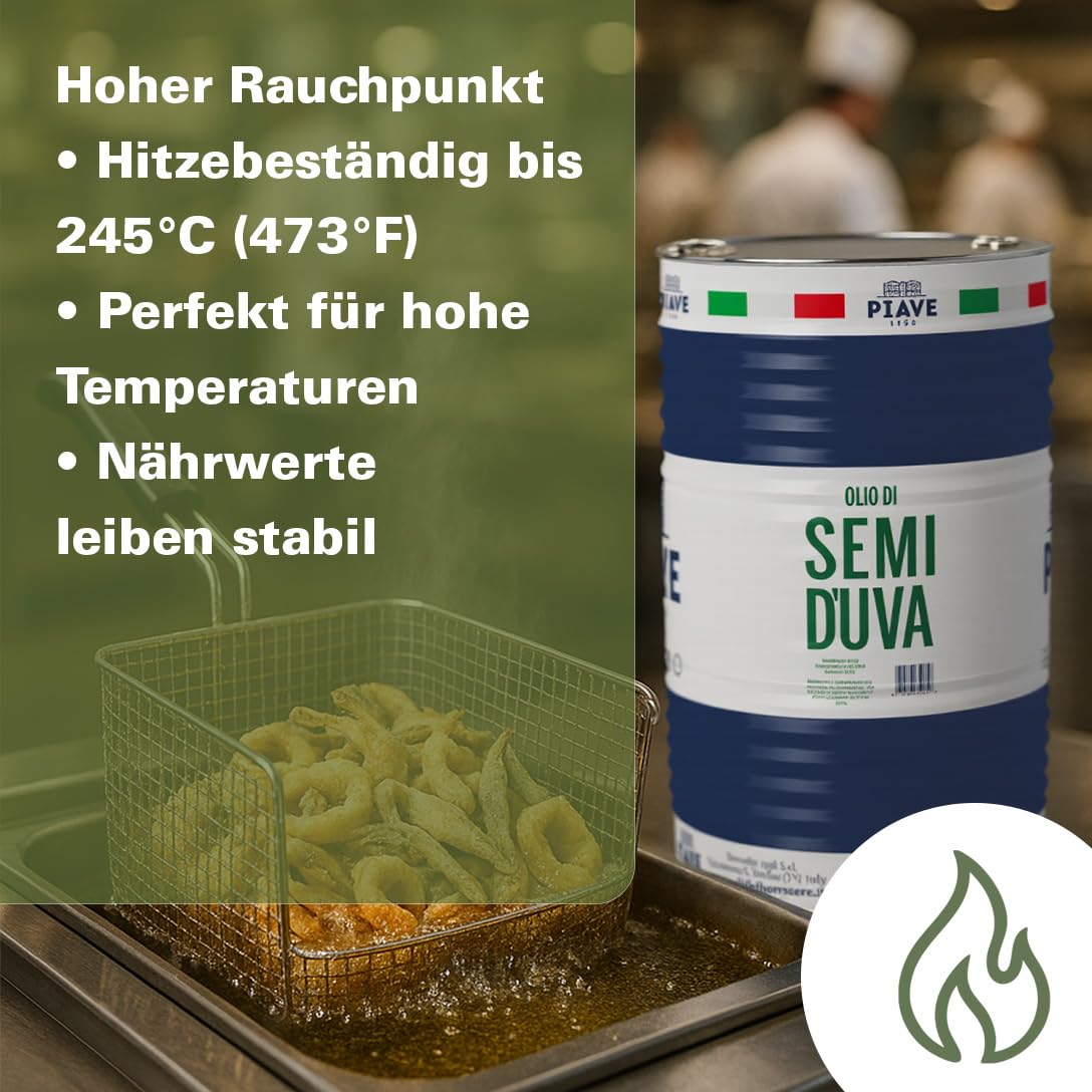 PIAVE 1938 – Traubenkernöl 25L – Kaltgepresstes Italienisches Traubenkernöl – Hoher Rauchpunkt 245°C – Reich an Omega-6 und Vitamin E – Pflanzliches Profiöl für Frittieren, Backen, Kochen