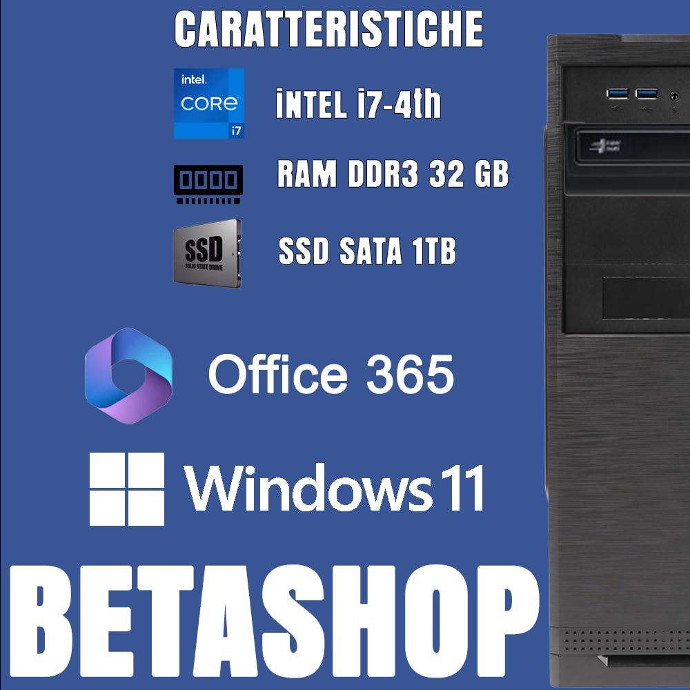 Micro-ATX PC Fisso Desktop NUOVO • Cpu intel core i7-6700 • 32GB RAM DDR4 • 1TB SSD • Windows 11 Pro • WiFi • Office 365 • Pronto All'Uso • USB 3.0 • DVD • HDMI