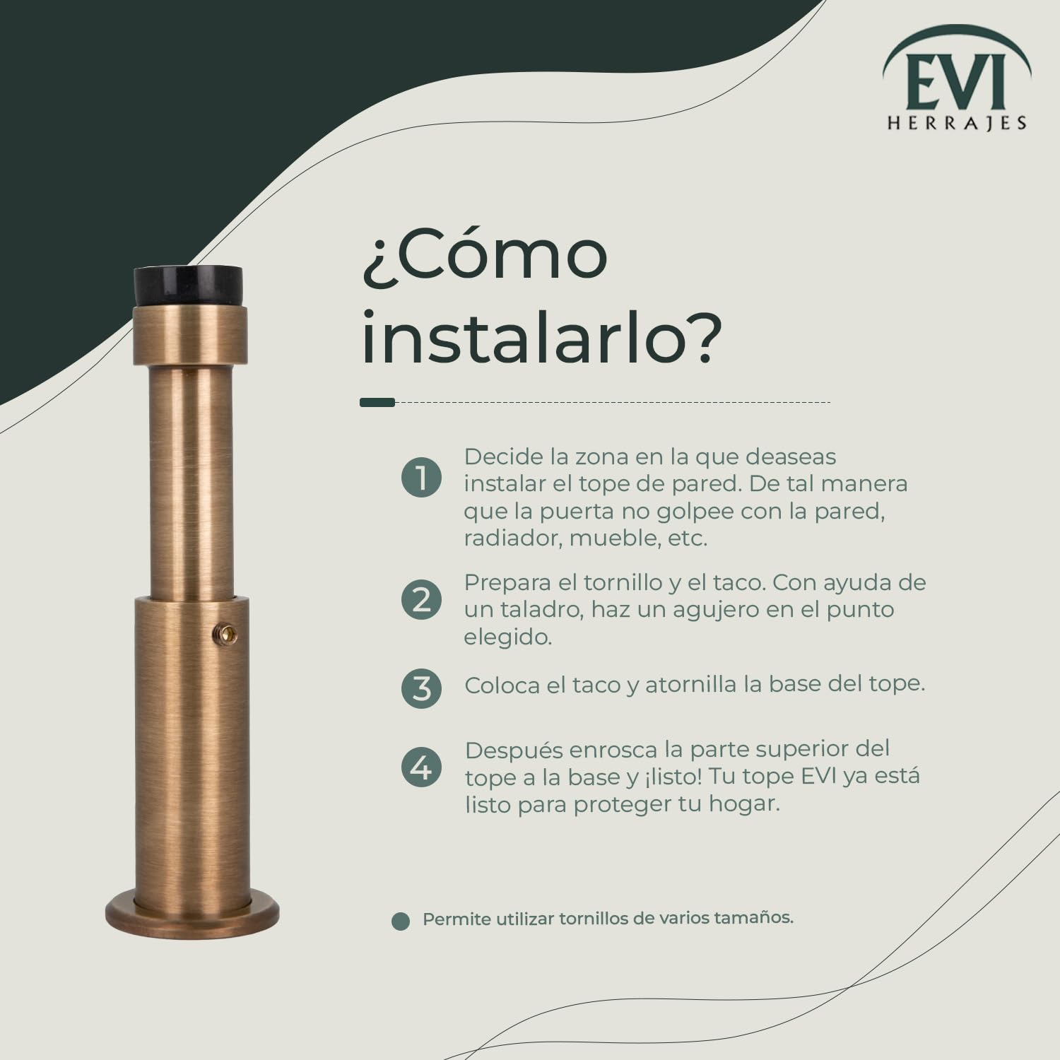 EVI HERRAJES Tope de Puerta de Pared Regulable, Instalación con Tirafondo en Base Roscada, Protectores Incluidos, I-282CBCU (Latón Cuero Envenjecido)