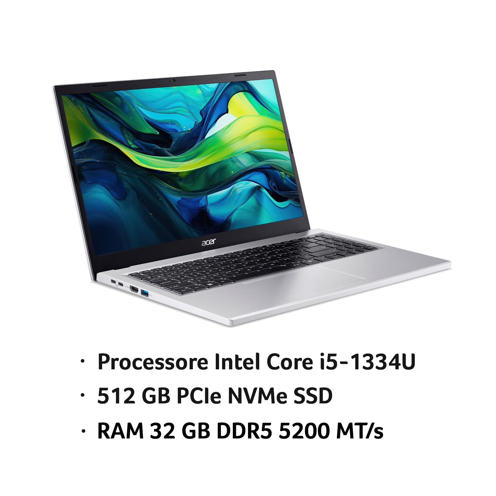 acer Aspire Go 15 AG15-71P-51F8 PC Portatile, Notebook, Processore Intel Core i5-1334U, RAM 32 GB DDR5, 512 GB PCIe NVMe SSD, Display 15.6" FHD, Scheda Grafica Intel Iris Xe, Windows 11 Home