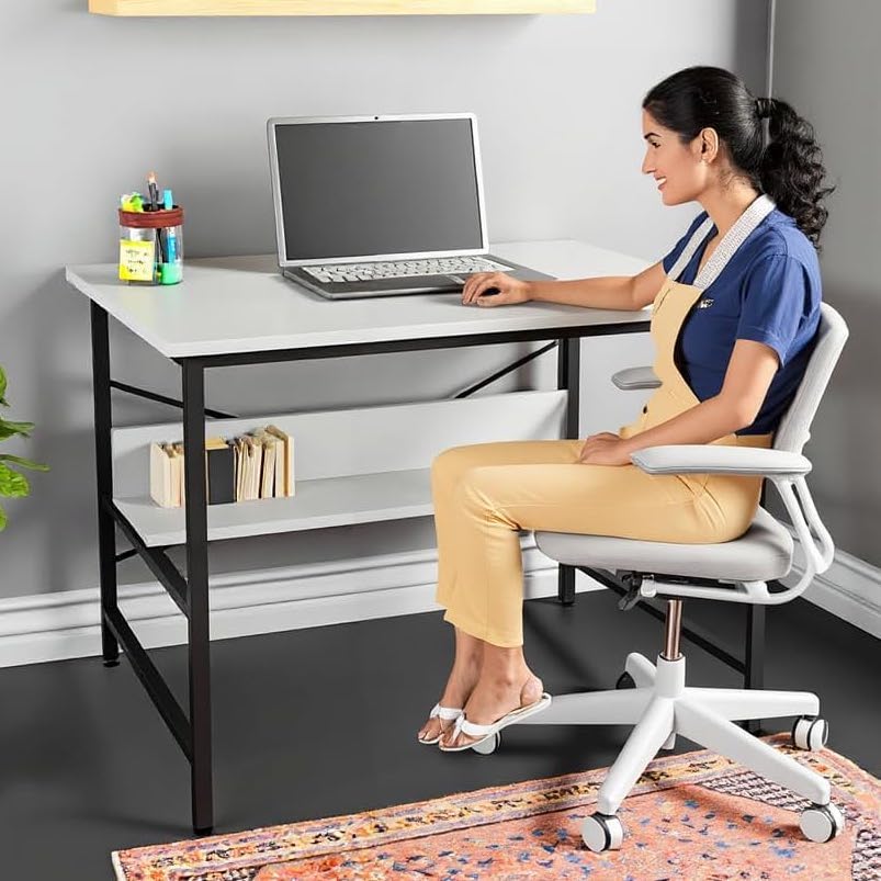 FURLAY Ark Office Desk and Study Table | 1 Year Warranty | Metal and Century Engineered Wood Desk for Adults & Students (White)