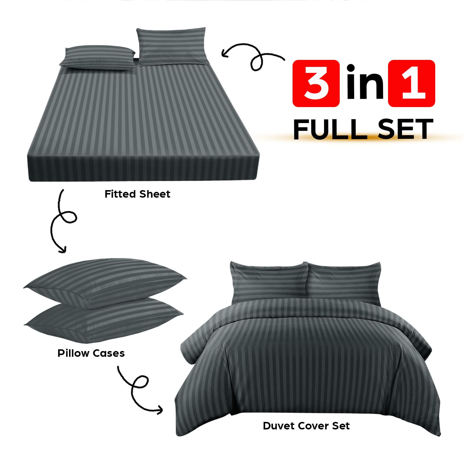 MOONLIGHT20015 King Size Duvet Cover Sets 4 Piece Satin Stripe Duvet Covers Soft Brushed Microfiber Bedding Set including Fitted Sheet & 2 Pillow Cases (Charcoal - Image 4