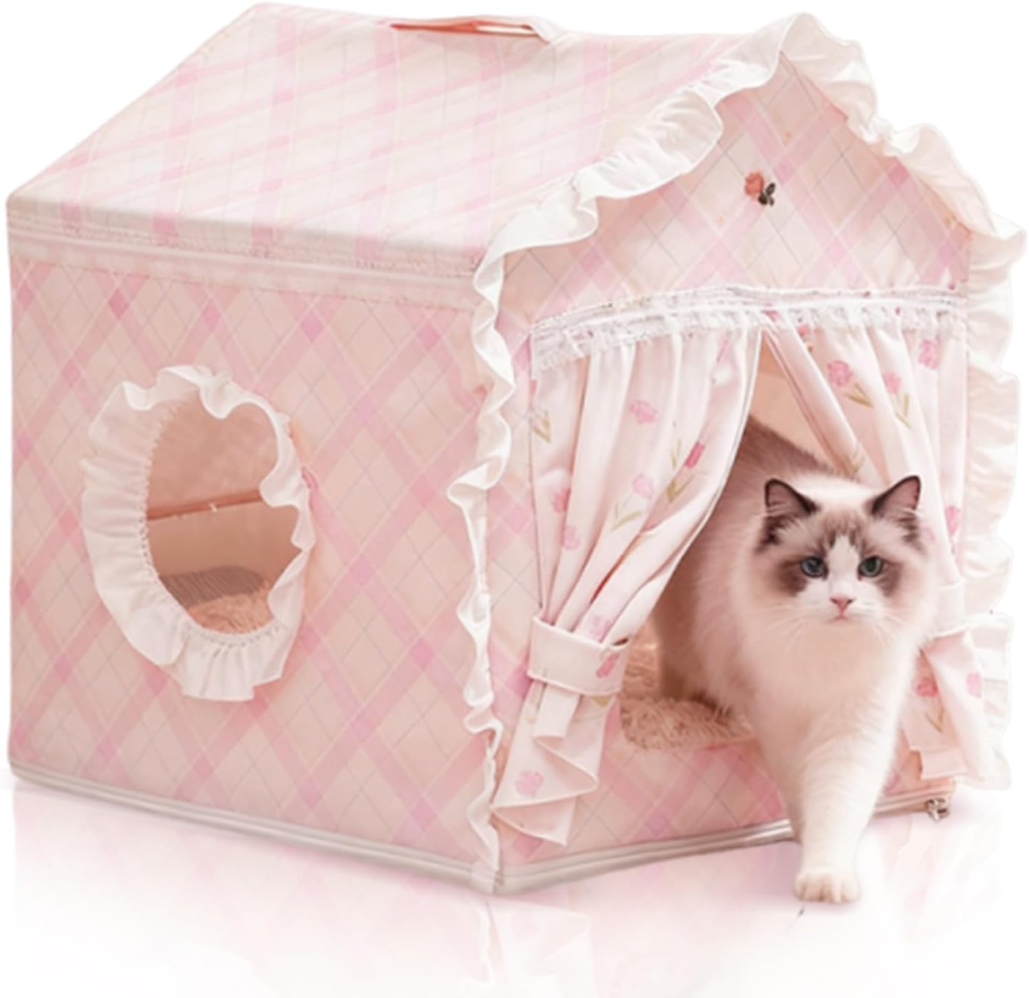 Cat Bed, House for Indoor Cats, Accommodate 11-33 lb Cute Tent Bed with Cover Cave, Breathable, Washable, Foldable Indoor Dog House with Frame, All Season (Pink, L)