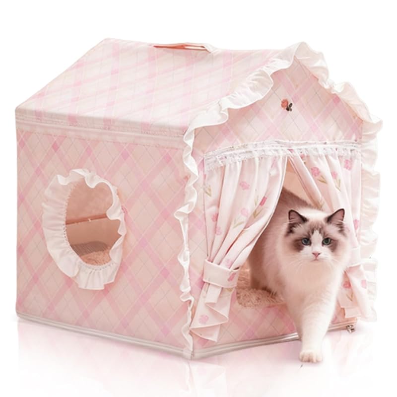 Casa e Tenda para Gatos em Tecido Rosa com Capa, Almofada Reversível e Estrutura Dobrável Dinochez MGJ769