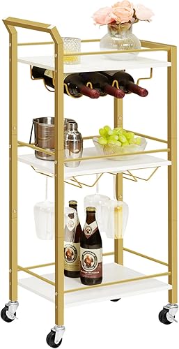 Carrito de bar para el hogar, carrito de cocina de 3 niveles con estante para vino y soportes para vidrio, carrito de servicio con ruedas, carrito