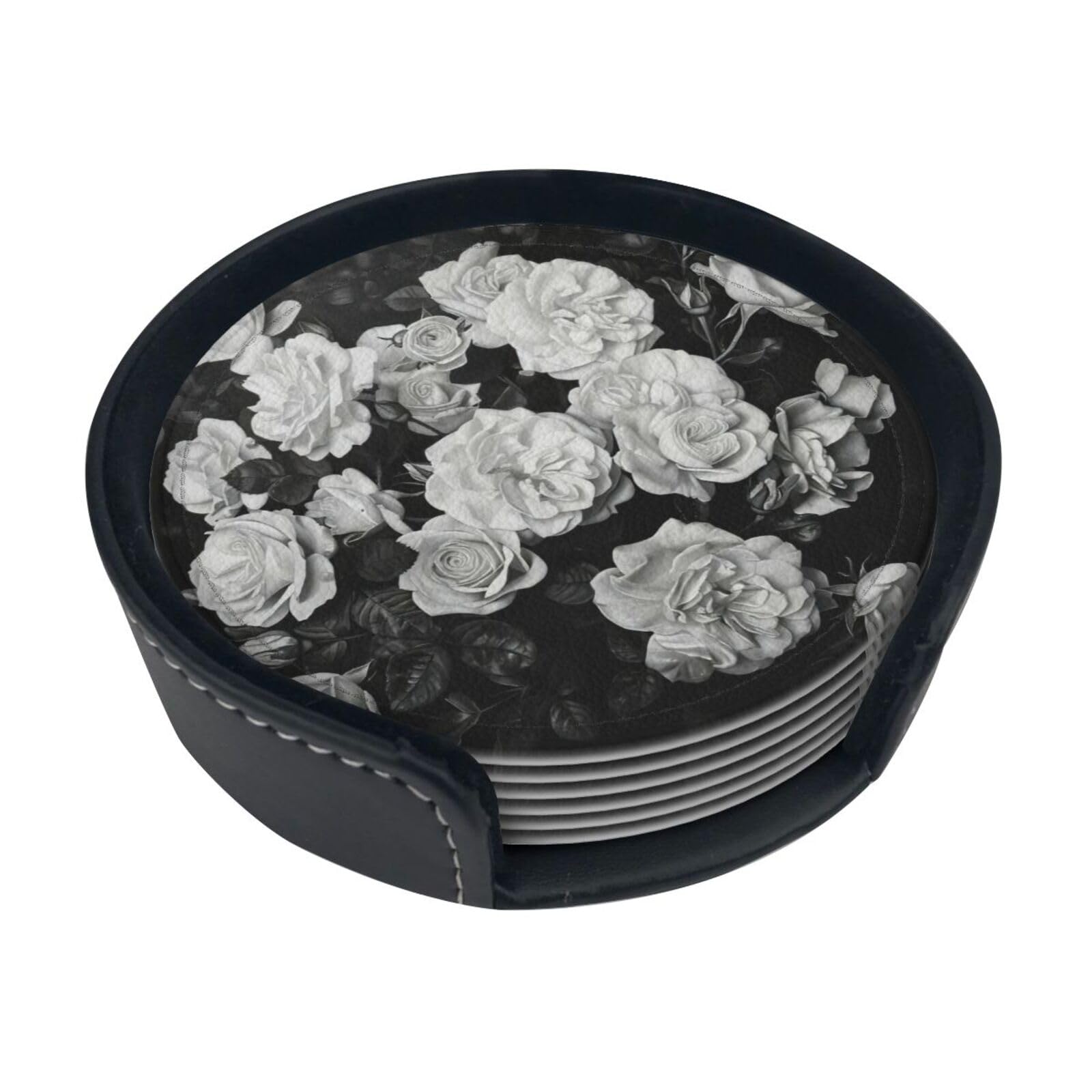 Black White Rose Print Round Coasters Set Of 6,Coaster For Tabletop Protection Home Bar Decor