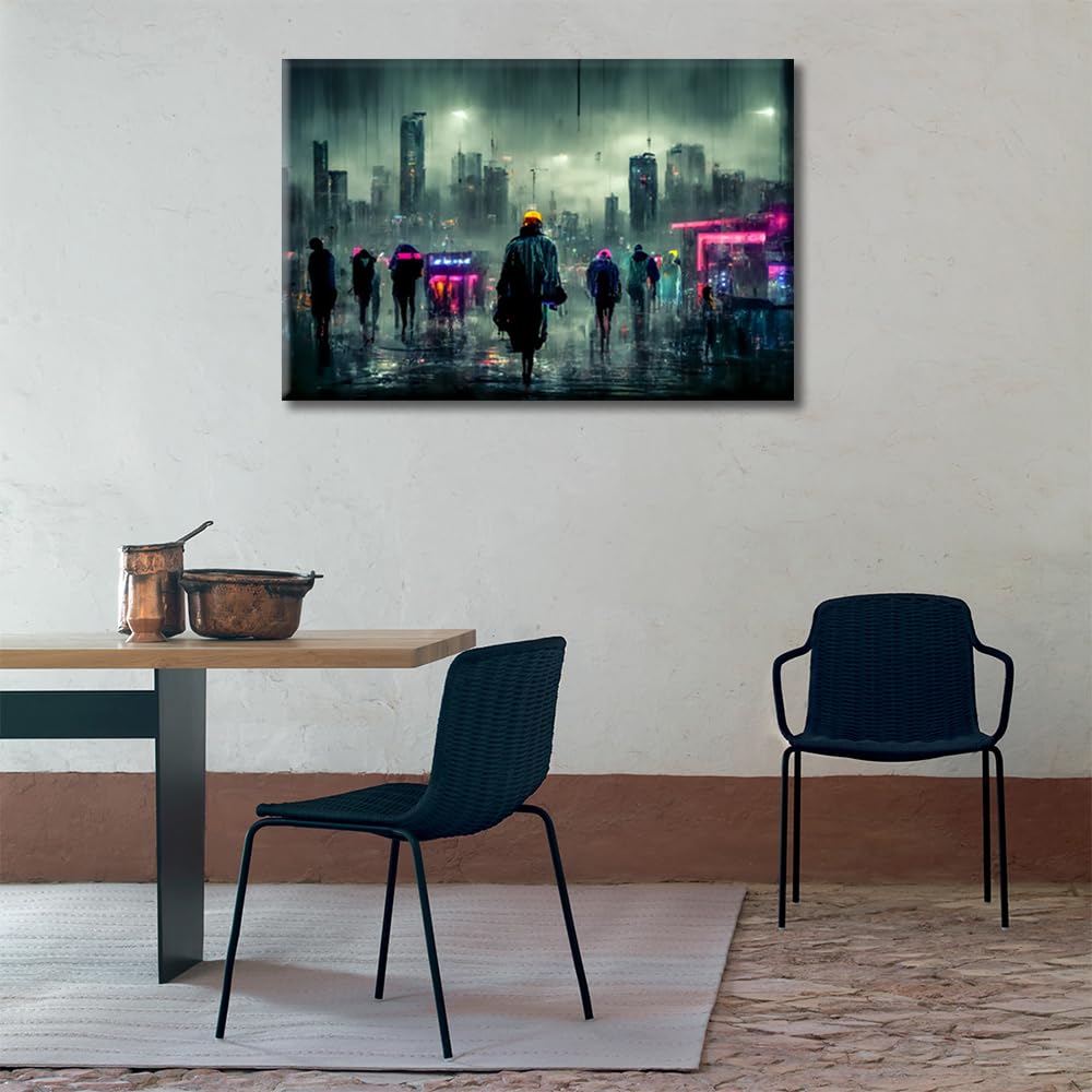 Cyberpunk City Neon Streetview Night Picture Wall Decor Posters and Prints 1 Panels Cyberpunk Style Wall Decor for Bedroom Posters and Prints Stretched and Framed Ready to Hang (16" Wx24 H) - Image 4