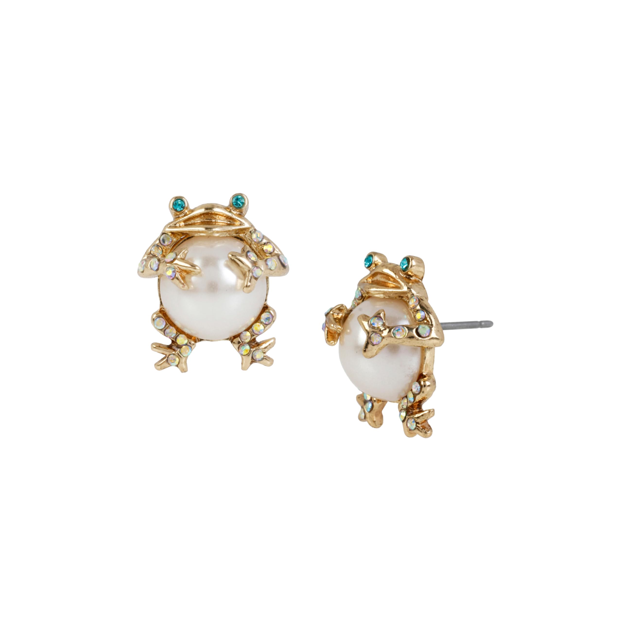Betsey Johnson Pearl Frog Stud Earrings - Metal, Glass, Imitation Pearl - Post Back Closure