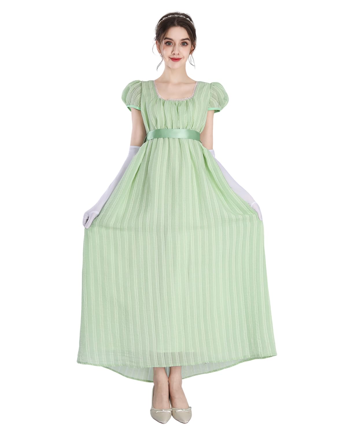 CR ROLECOS Abito da donna Regency Vittoriana Jane Austen Abito Lungo Vintage Vittoriano Regency Era Abito da Sfera con Guanti Empire