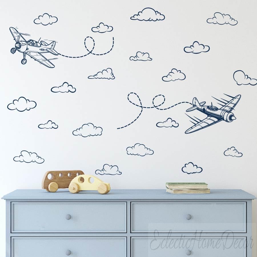 Airplanes and Clouds Vinyl Wall Art Decals Plane Sticker for Nursery Kids Bedroom Living Room Home Decorations