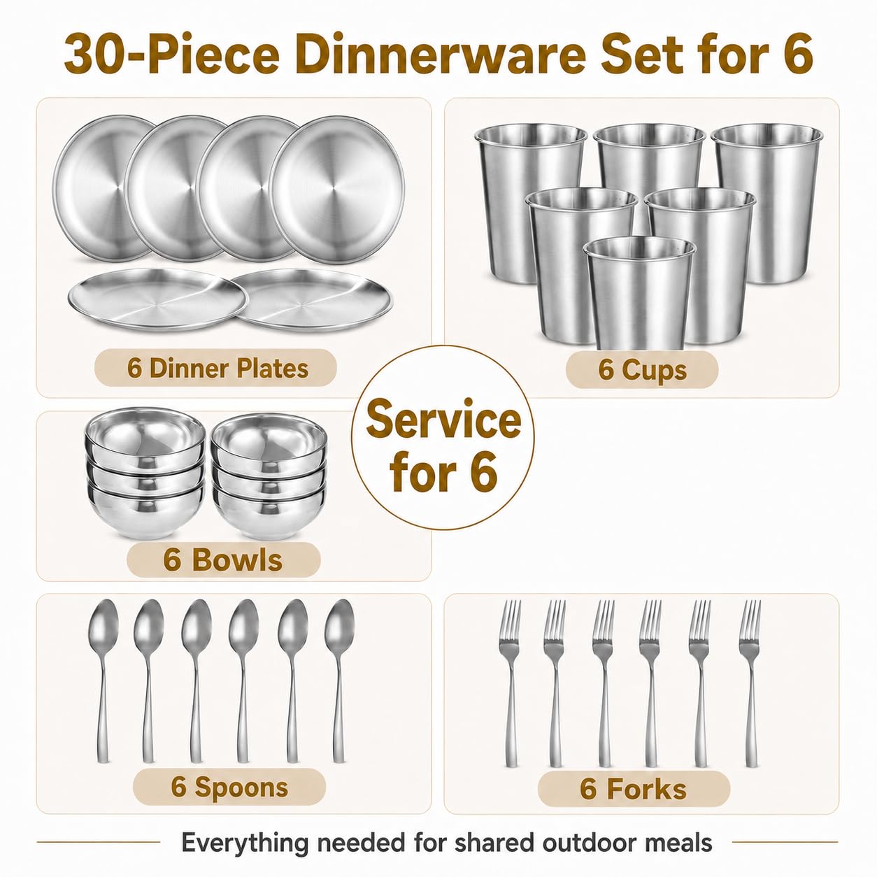 Lot de 30 couverts de camping en acier inoxydable comprenant 6 assiettes, 6 bols, 6 tasses, 6 fourchettes et 6 cuillères, vaisselle réutilisable en métal pour la maison, l'extérieur et les fêtes
