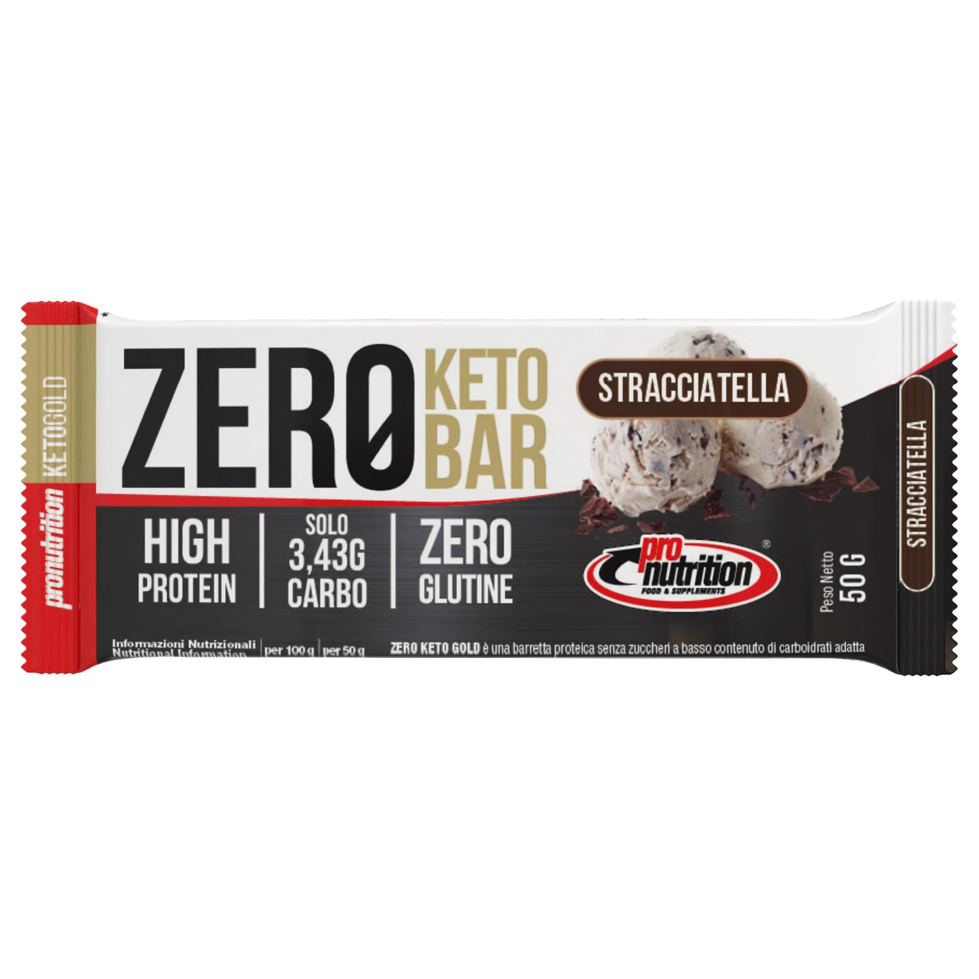 Pronutrition Zero Keto Bar Proteica 40% con Proteine Isolate del Siero del Latte – Barretta Low Carb con Solo 3,4 g Carboidrati, Senza Glutine, Gusto: Stracciatella