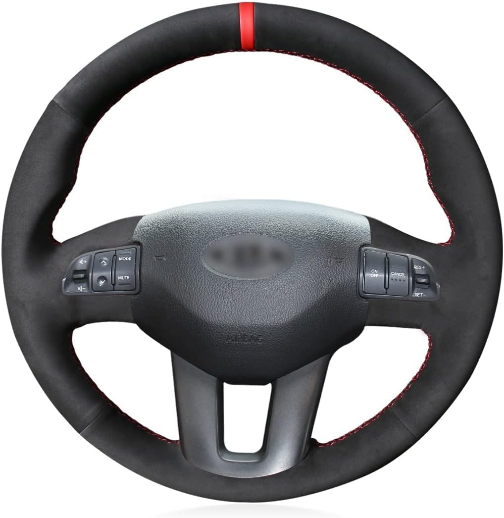 Loncky Black Genuine Leather Suede Car Steering Wheel Cover