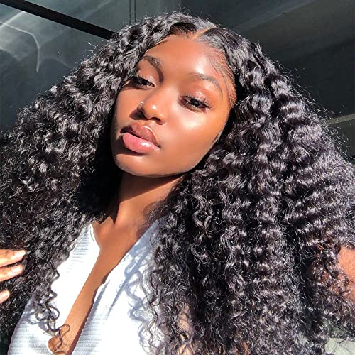 Curly Lace Front Wig for Women, Synthetic Deep Wave Lace Wigs 22 Inch 150% Density Black Middle Part Natural Hairline Wigs for Daily Use (Black) (Black)