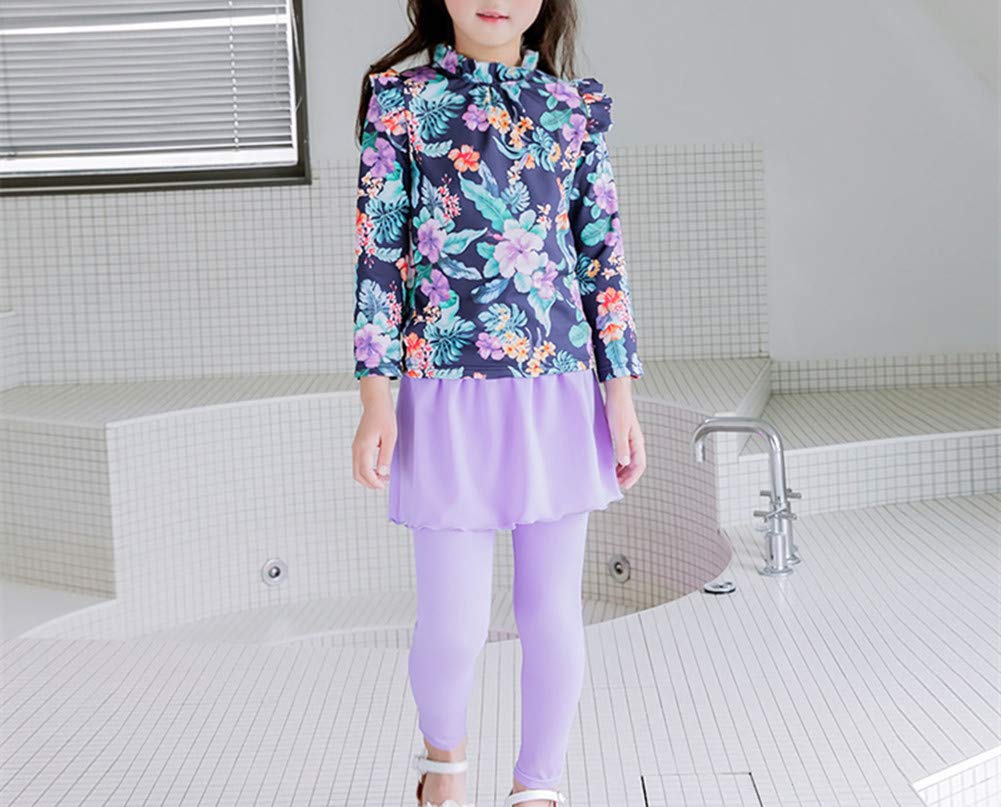 Monvecle Girls Long Sleeve 2-Pieces Sunsuit Swimsuit Set Swimwear Sun Protection Swimsuit Set UPF 50+ Navy/Purple 4-5y