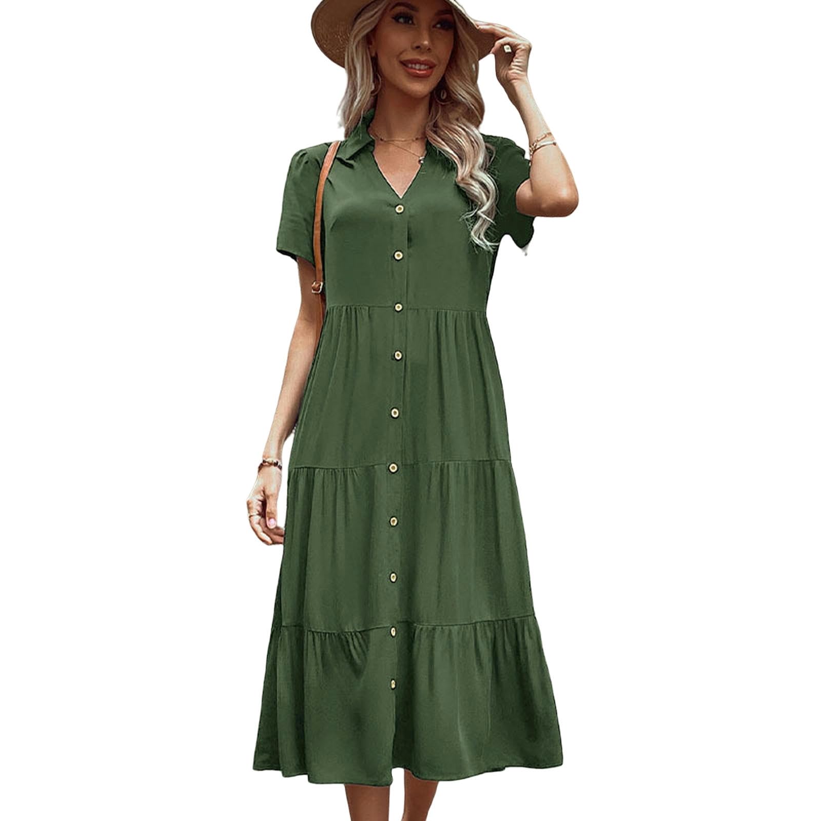 Vestidos para mujer, cuello en V, botones, manga corta, con volantes, acampanado, vestido camisero midi fluido. YYEFNMAZ